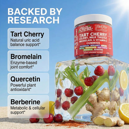 Clean Nutra Tart Cherry Gummies Uric Acid Flush Celery Milk Thistle Bromelain Vitamin C Magnesium Citrus Bergamot Ginger Stinging Nettle Leaf Chamomile Berberine Quercetin Support 60 Gummy Vitamins Clean NutraceuticalsBuy Supplements Australia