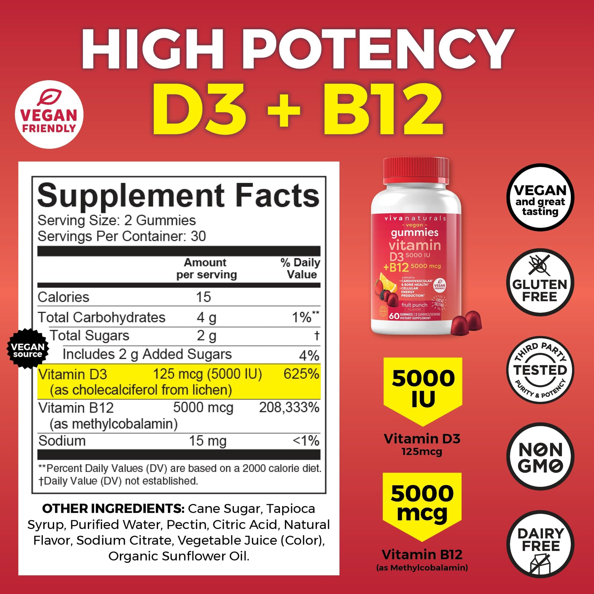 Viva Naturals Plant-Based B12 Gummies with Vitamin D3 - Chewable 5000mcg B12 Viva NaturalsBuy Supplements Australia