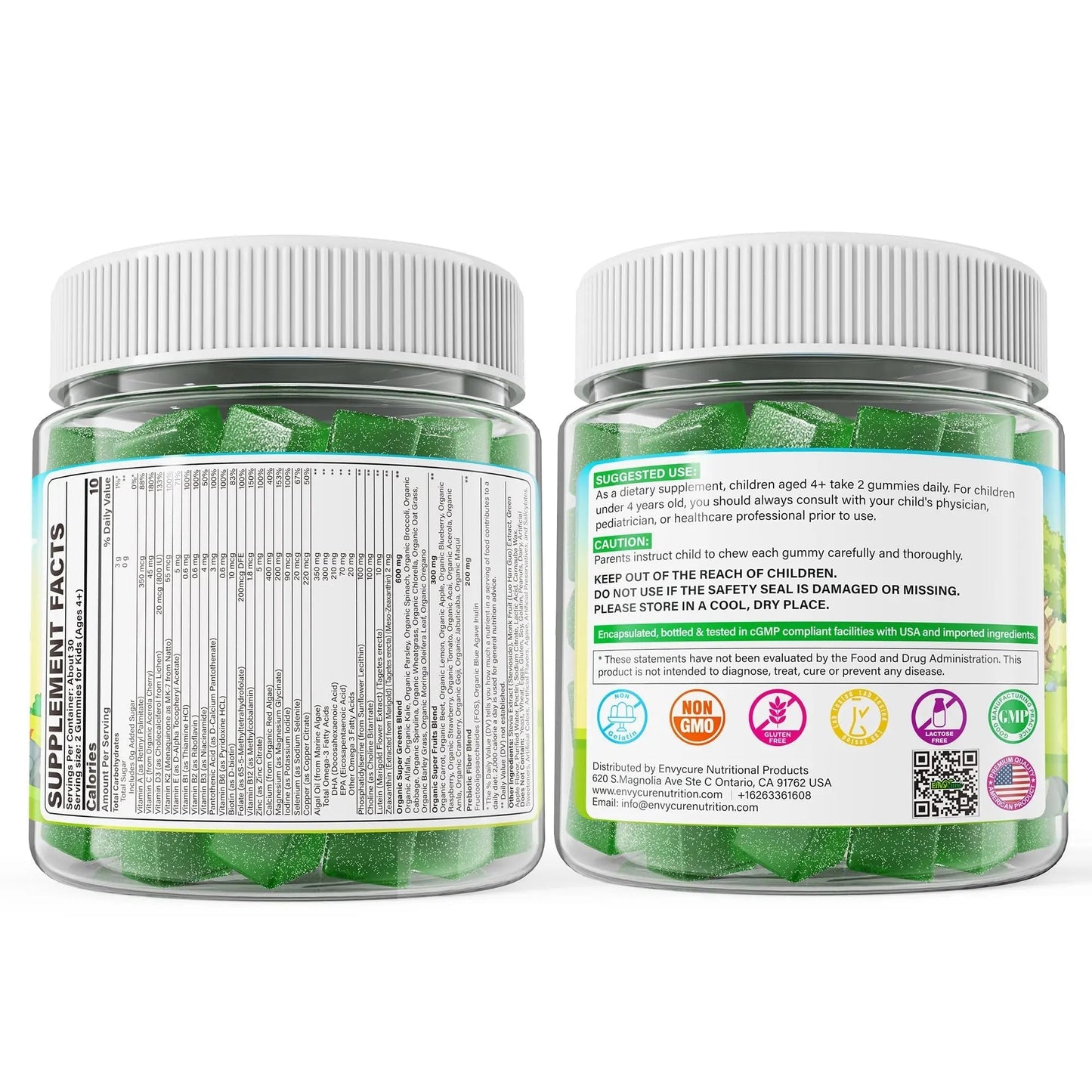 Kids Super Greens Gummies, w/Multivitamins, Spirulina, Chlorella, Spinach, Broccoli, Calcium, Omega-3 (DHA/EPA) EnvyCure