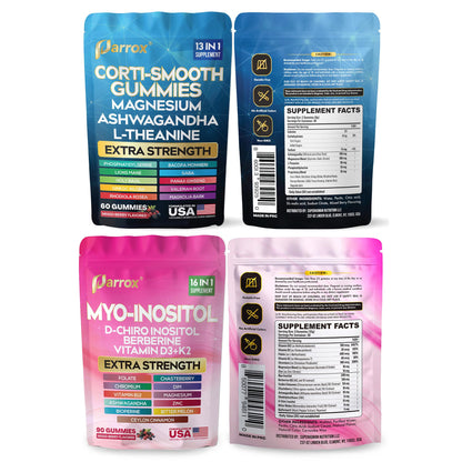 Soothe & Smooth Bundle Gummies - Cortisol & Myo-Inositol Supplement with D-Chiro Inositol, Berberine, Magenesium, Ashwagandha, L-Theanine, Vitamins D3+K2 & B12, Folate, Zinc Lion's Mane (150 Gummies) ParroxBuy Supplements Australia