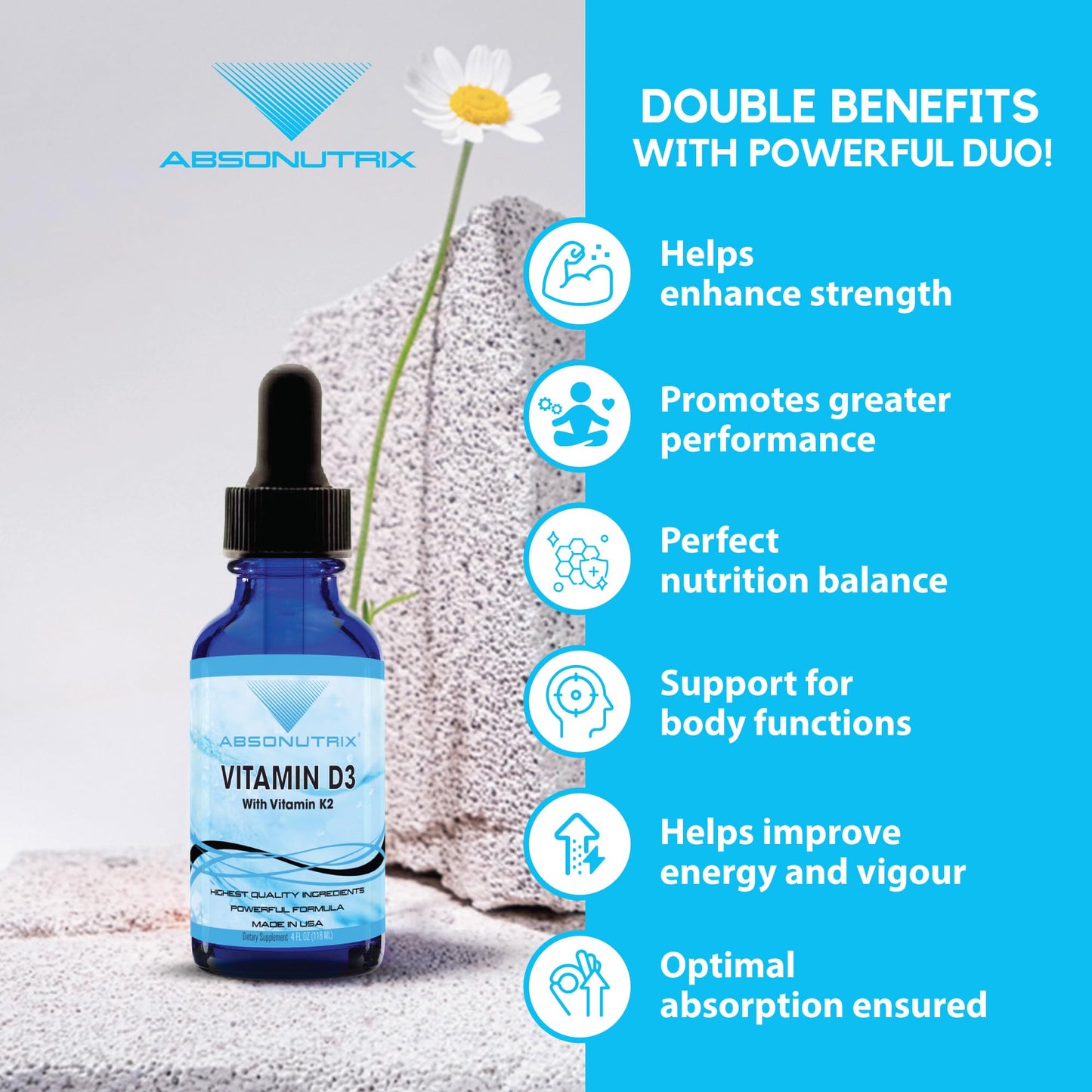 Absonutrix Vitamin D3 K2 Drops, 390mg, 4 Oz Liquid, 302 Servings, Made in USA, Quick Absorption, Quality Potent Ingredients, Non-GMO, GMP Certified, Cruelty-Free Products, Bone Strength Supplements AbsonutrixBuy Supplements Australia