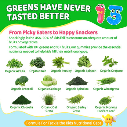 Kids Super Greens Gummies, w/Multivitamins, Spirulina, Chlorella, Spinach, Broccoli, Calcium, Omega-3 (DHA/EPA) EnvyCure