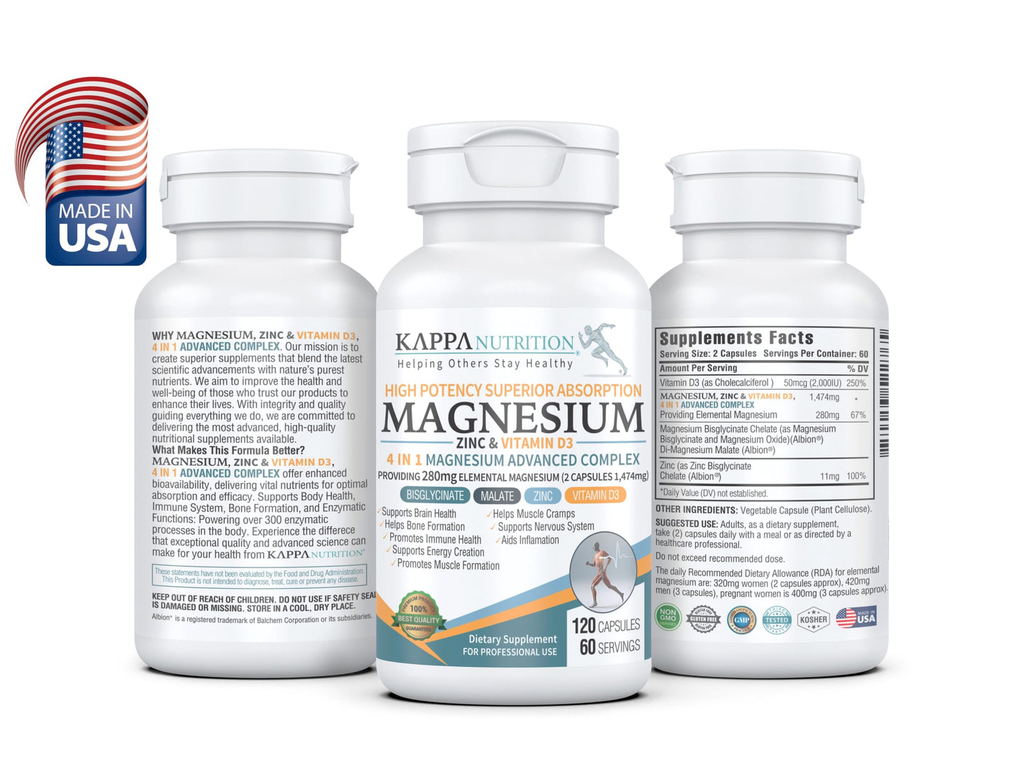 Kappa Nutrition Magnesium 4-in-1, 280mg Elemental Magnesium (Bisglycinate, Malate) + Zinc & Vitamin D3, Brain, Sleep, Energy, Muscle, Immune Support, 120 Vegan Capsules. KAPPA NUTRITIONBuy Supplements Australia