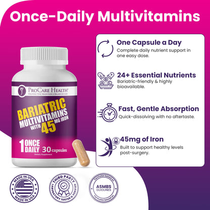 ProCare Health Bariatric Multivitamin with 45mg Iron (30 Easy to Swallow Capsules) - Once Daily Post-Op Support for Gastric Bypass ProCare HealthBuy Supplements Australia