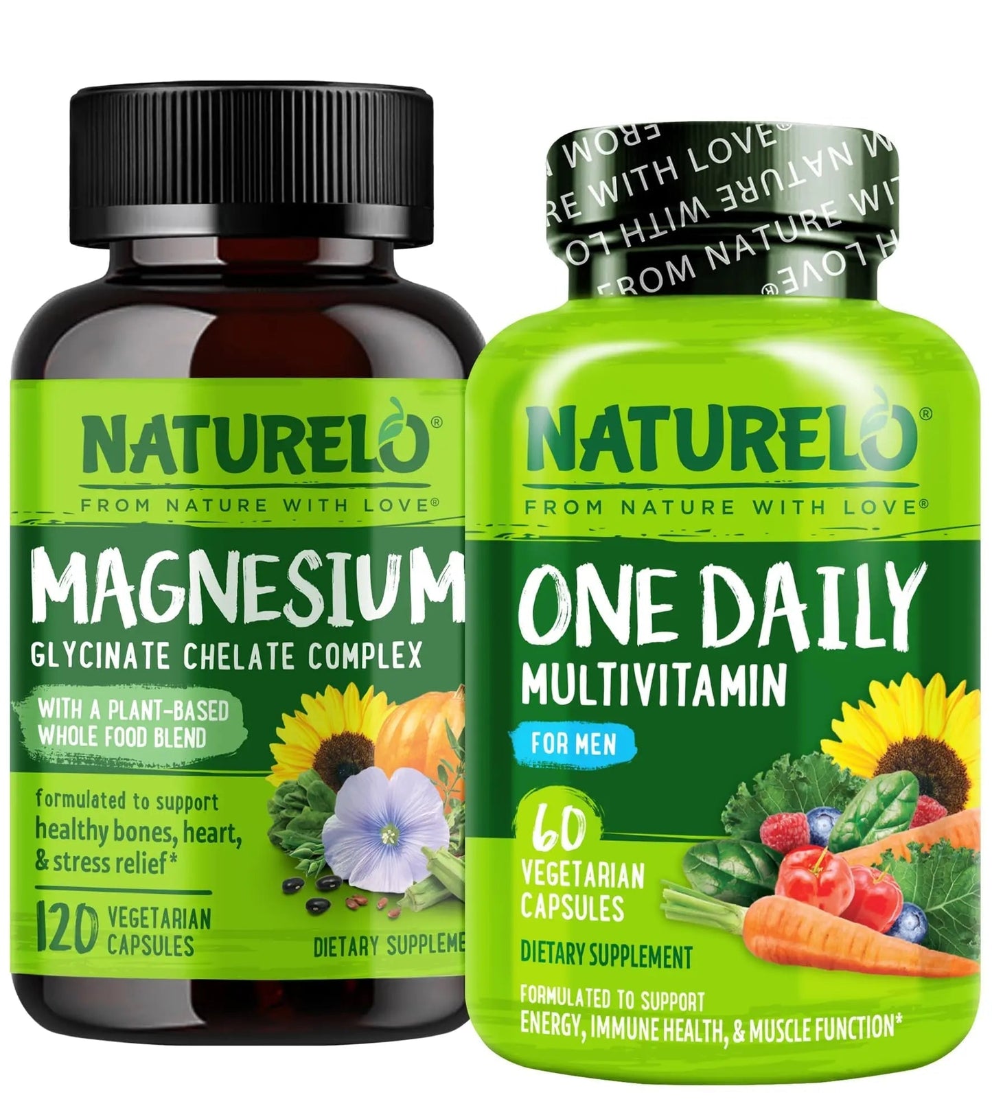 NATURELO One Daily Multivitamin for Men with Vitamins, Minerals & Organic Whole Foods - 60 Capsules and Magnesium Glycinate Chelate Complex NATURELO