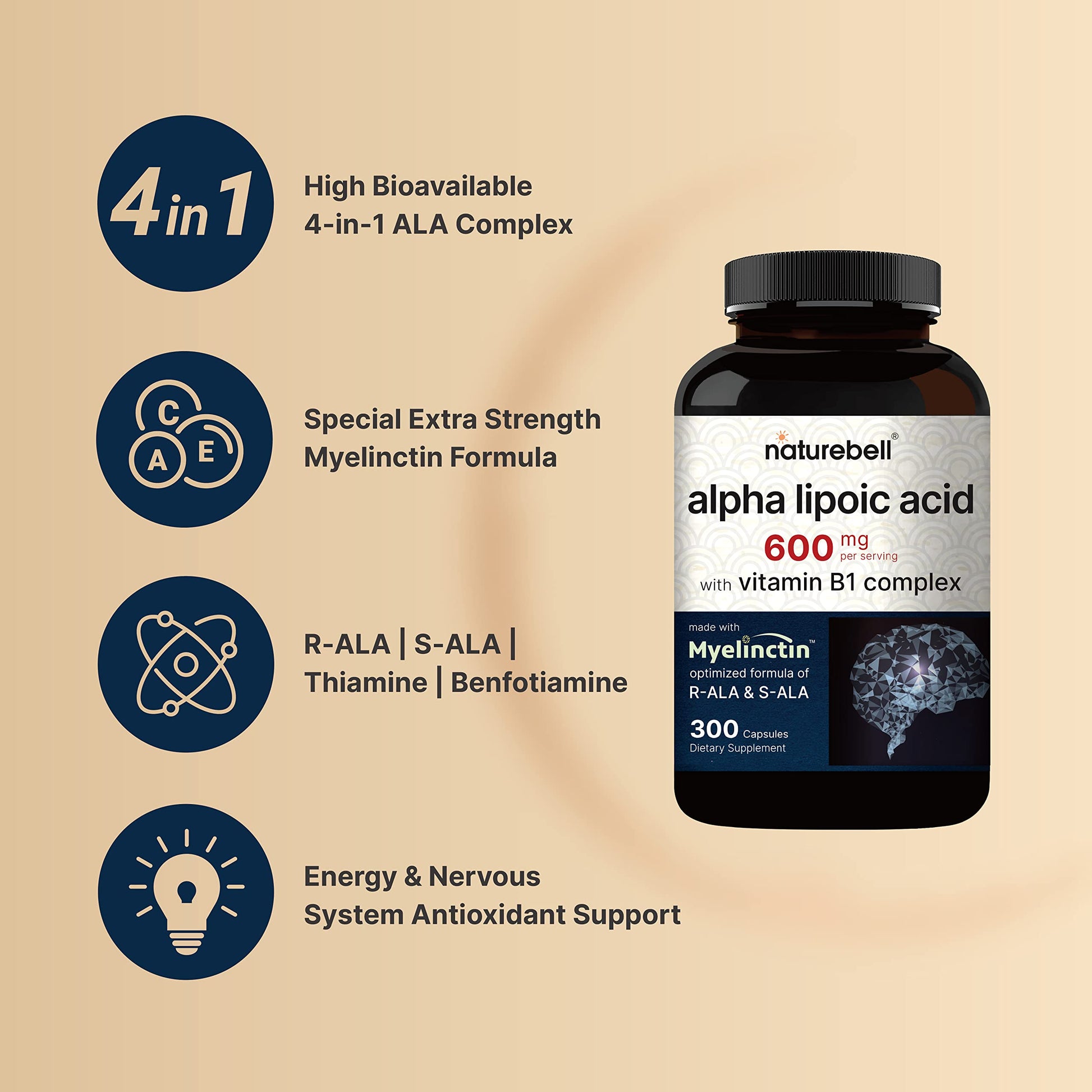 NatureBell Alpha Lipoic Acid 600mg Per Serving | 300 Capsules - with Vitamin B1 NatureBellBuy Supplements Australia