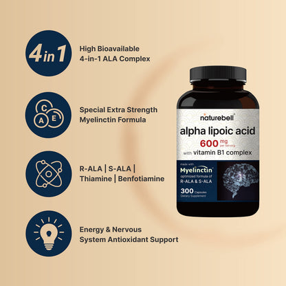 NatureBell Alpha Lipoic Acid 600mg Per Serving | 300 Capsules - with Vitamin B1 NatureBellBuy Supplements Australia
