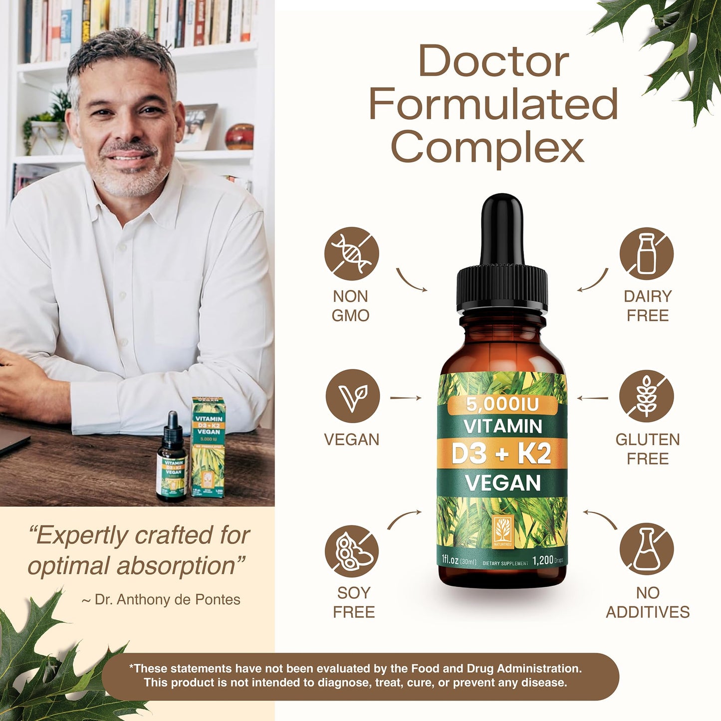 NATURTREU Vegan Vitamin D3 K2 Liquid Drops with MCT Oil for Adults (240 Servings) - Liquid Vitamin D K2 MK7 - All Natural, Non-GMO & Dr Formulated with 3X More Absorption - Third-Party Tested NATURTREUBuy Supplements Australia