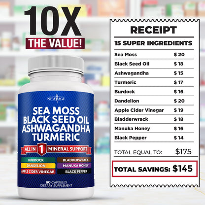 Silica Sea Moss 3000mg Black Seed Oil 2000mg Ashwagandha 1000mg Turmeric 1000mg NEW AGEBuy Supplements Australia
