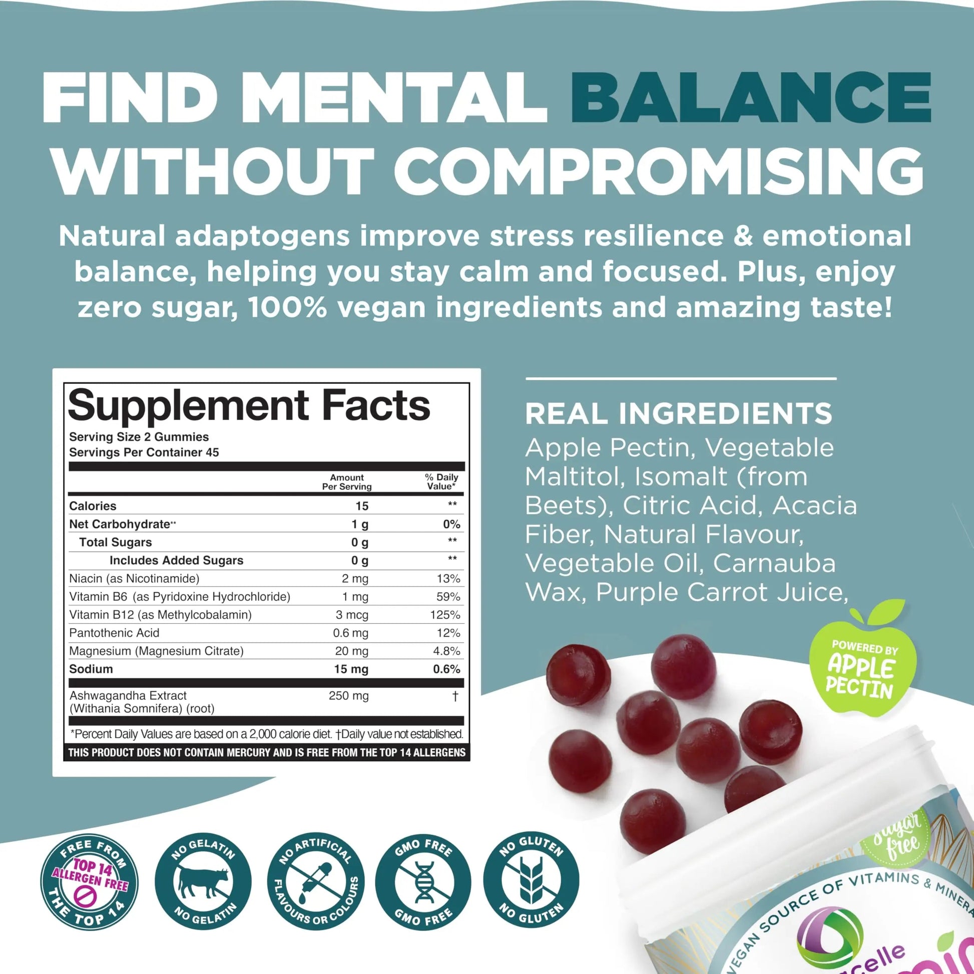 NUTRAMIN Mood Boost Multivitamin Gummy - Delicious & Yummy Anti-Stress Magnesium Ashwagandha Gummies + B Complex Vitamins for Focus and Calm Nutracelle