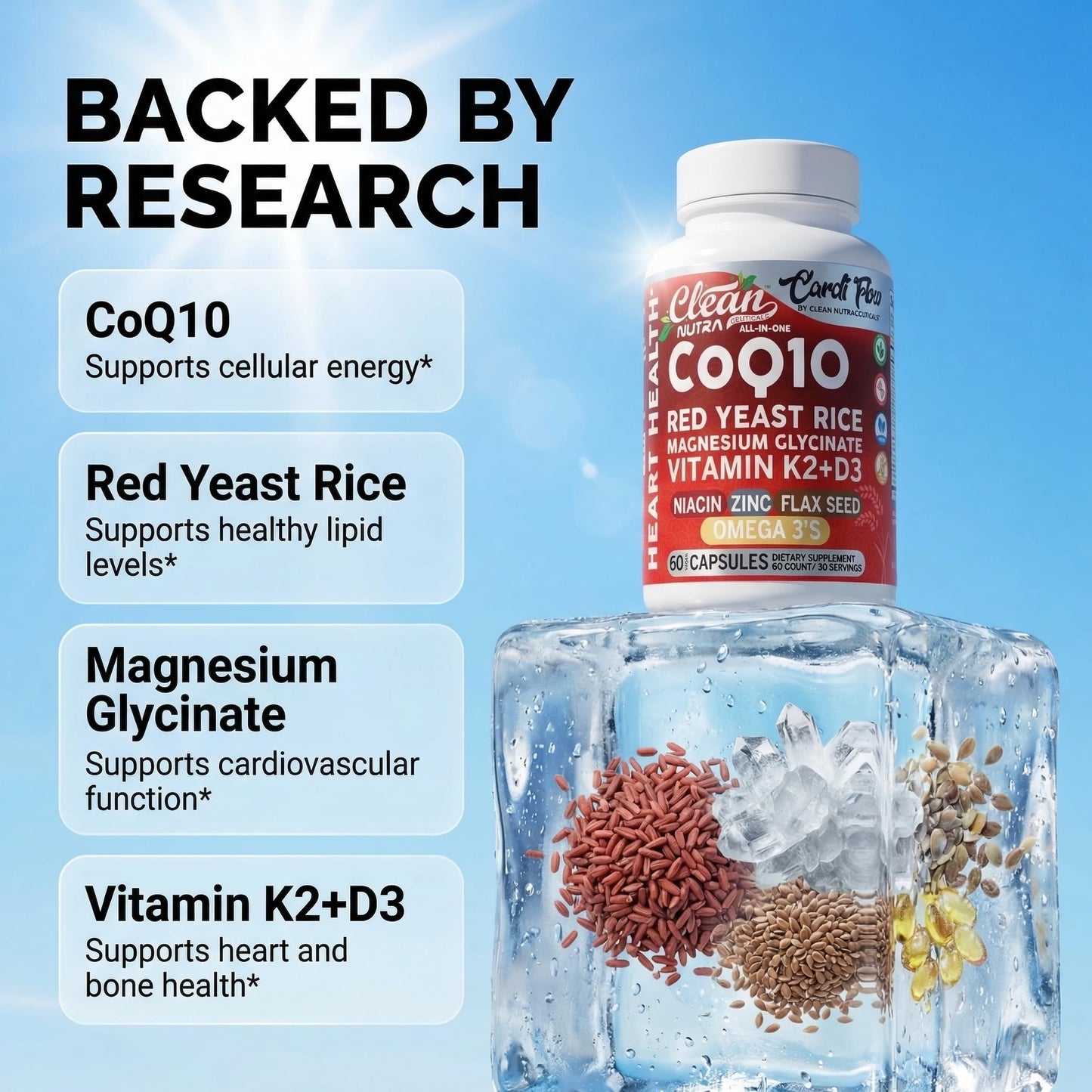 Clean Nutra CoQ10 Red Yeast Rice Magnesium Glycinate Vitamin K2 D3 Niacin Zinc Flax Seed Omega 3 Capsules 60 Count All in One Formula Premium Ingredients Dietary Supplement Clean NutraceuticalsBuy Supplements Australia