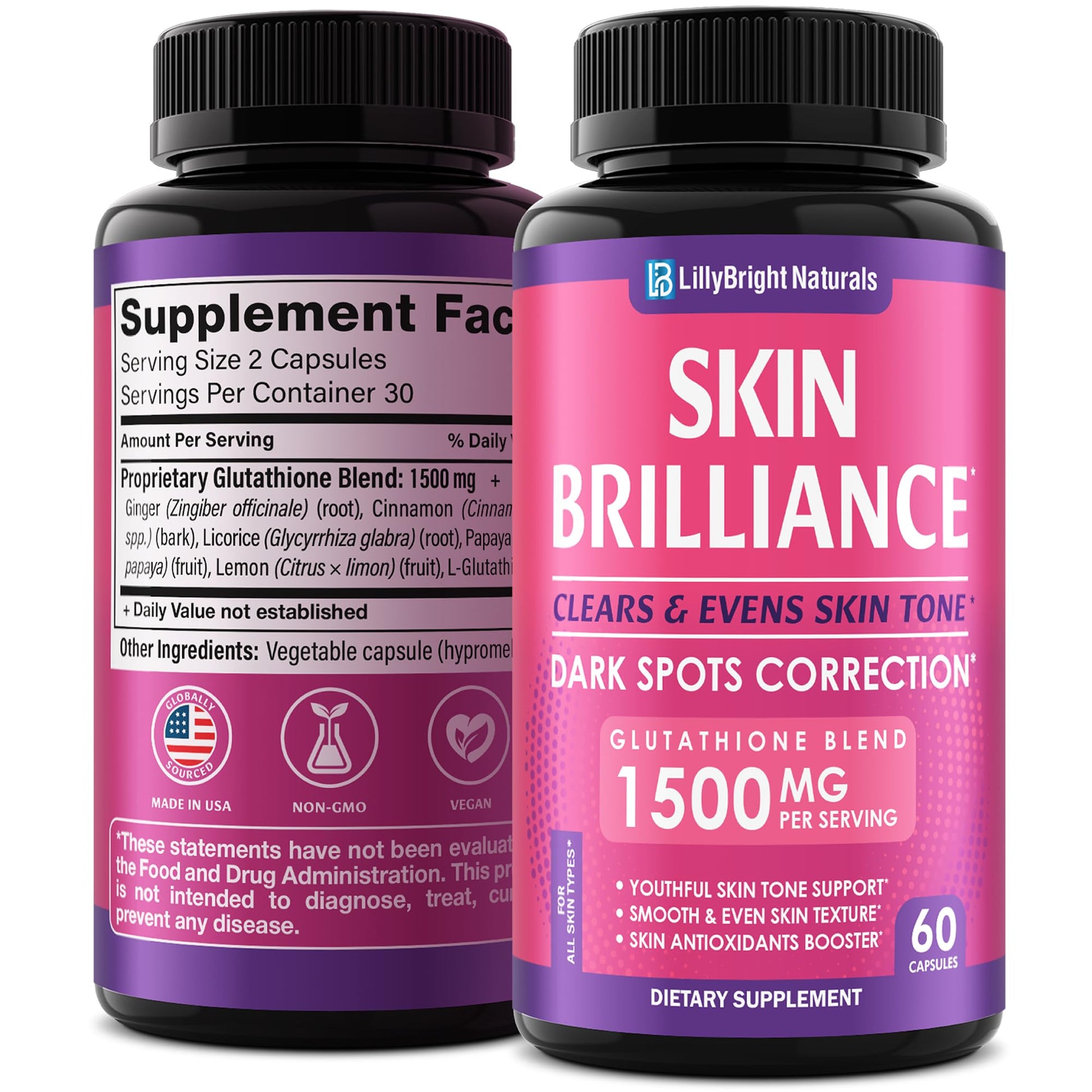 Glutathione Capsules - 1,500mcg L-Glutathione Supplement with Vitamin C - Skin Tone Enhancer - Targets Dark Spots & Acne Marks - Antioxidant Supplement for Beauty & Health Support - 60 Skin Pills LB LILLYBRIGHT NATURALSBuy Supplements Australia