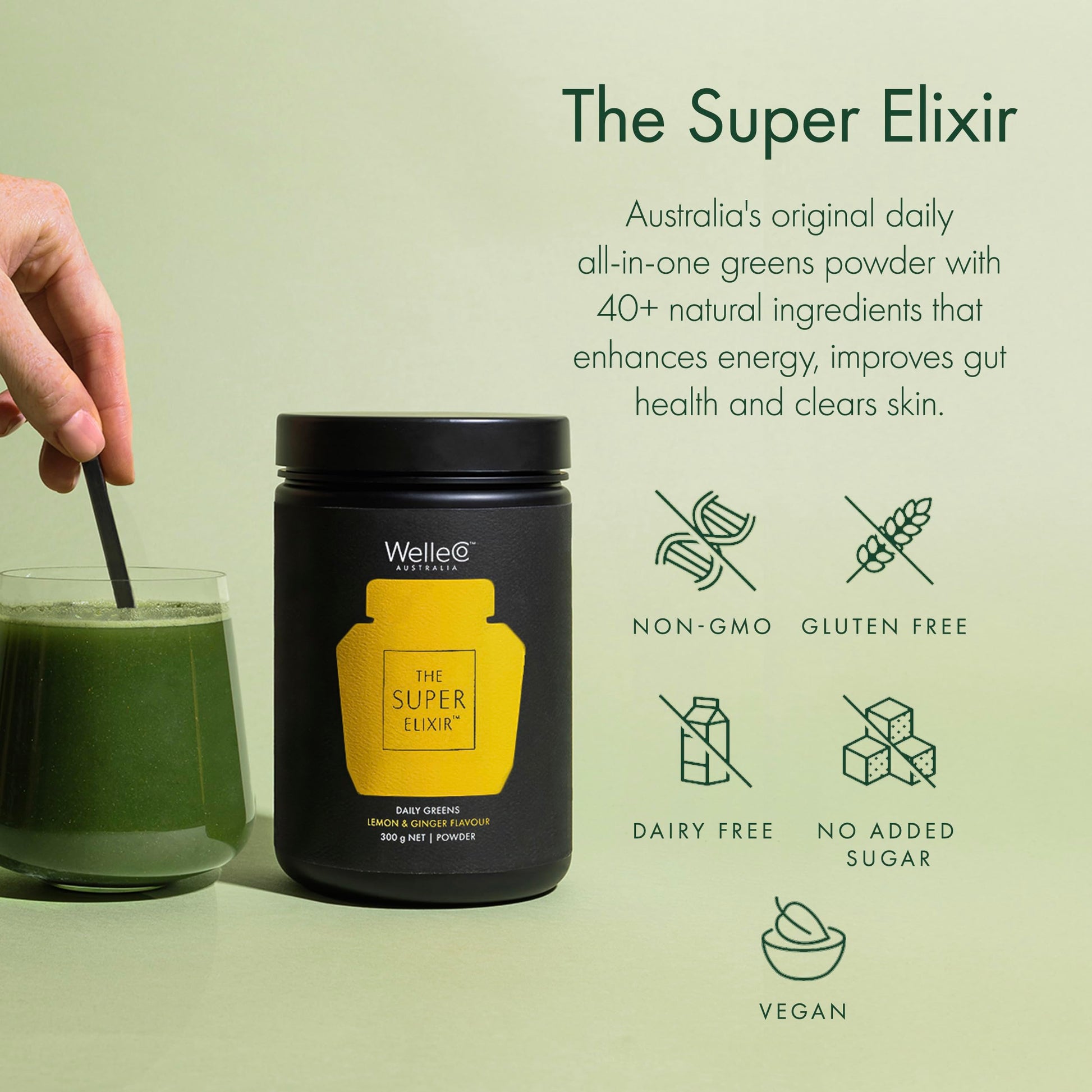 WelleCo The Super Elixir Daily Greens Powder, Probiotic Drink Mix with Whole Foods, Gluten Free, Vegan Gut Health Powder, Energy, Immunity, Healthy Skin, Hair & Nails (300g, Lemon Ginger) WelleCoBuy Supplements Australia