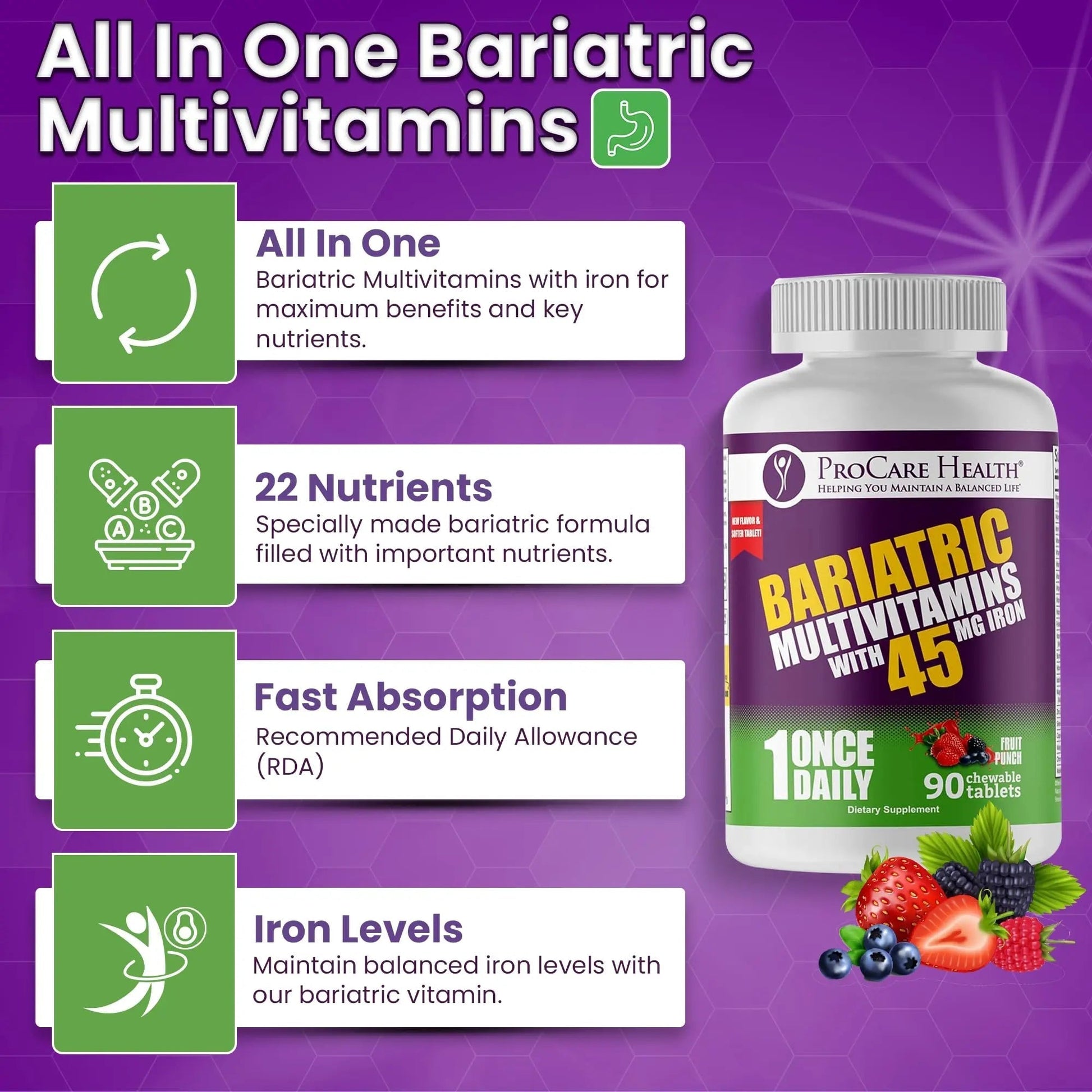 Procare Health Bariatric Multivitamin with Iron 45mg Chewable (90 Tablets) - Fruit Punch Flavor Bariatric Multivitamin Chewable Pills for Gastric Bypass ProCare HealthBuy Supplements Australia