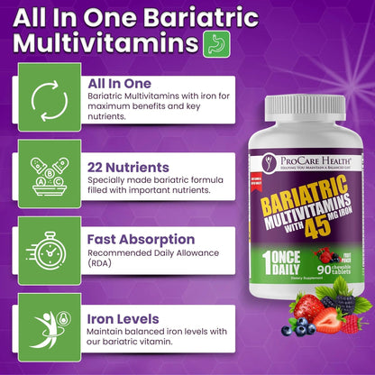 Procare Health Bariatric Multivitamin with Iron 45mg Chewable (90 Tablets) - Fruit Punch Flavor Bariatric Multivitamin Chewable Pills for Gastric Bypass ProCare HealthBuy Supplements Australia