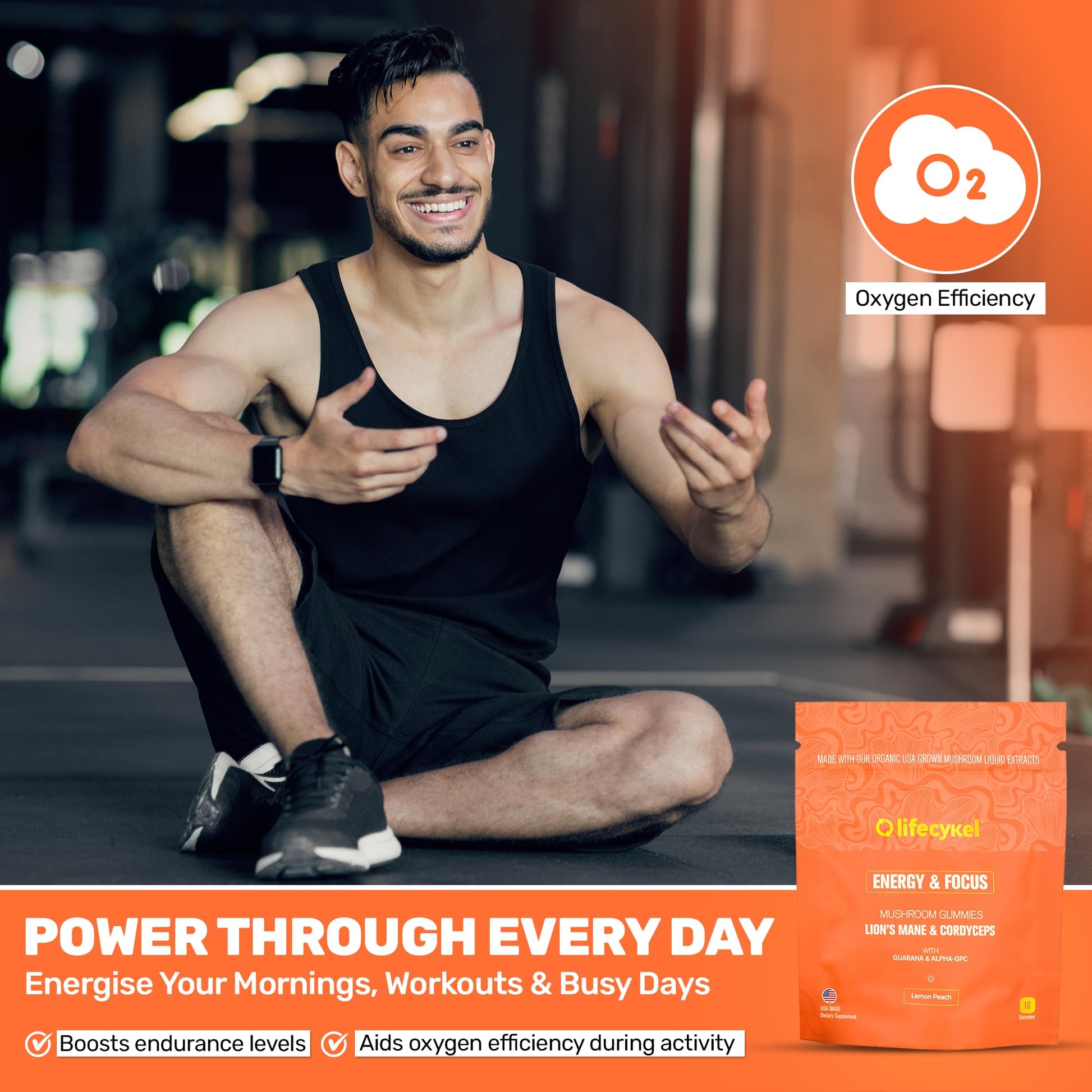 Life Cykel - AM Energy and Focus Mushroom Gummies, 10 Count - Organic Lion's Mane Gummies with Cordyceps, Guarana & Alpha GPC for Mental Clarity, Natural Energy, Endurance & Focus - Lemon Peach Flavor Life CykelBuy Supplements Australia