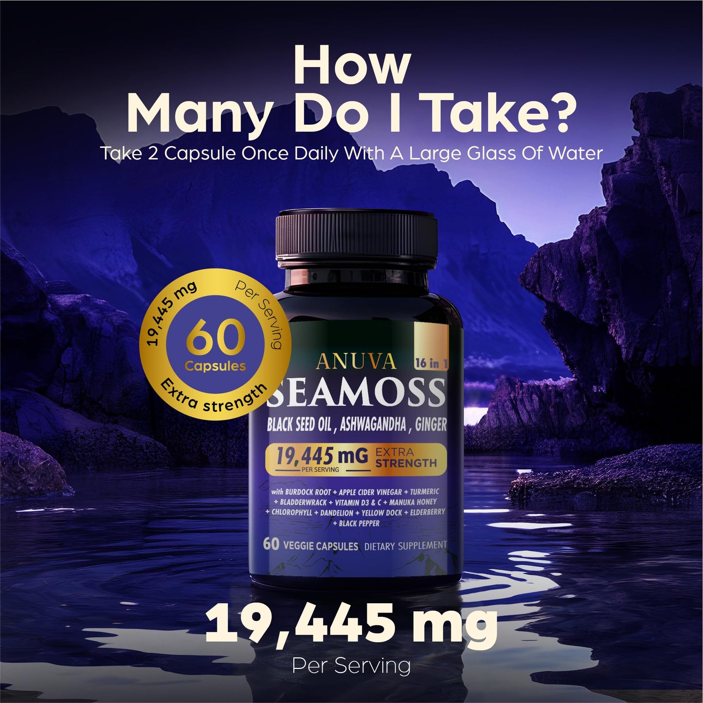 Anuva 16-in-1 Sea Moss Capsules | Black Seed Oil, Ashwagandha, with Vitamin C, D3, Turmeric, Burdock, Bladderwrack & Multi-Minerals | Immune, Skin, Joint & Energy Support | 60 Veggie Capsules AnuvaBuy Supplements Australia