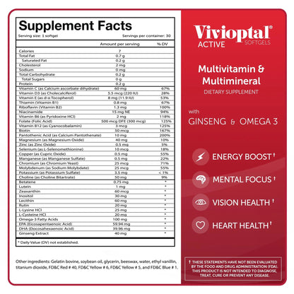 Vivioptal Active, 30 Softgels, Ginseng & Omega 3, Multivitamin & Multimineral, Gluten Free, German Formula Vivioptal VitaminsBuy Supplements Australia