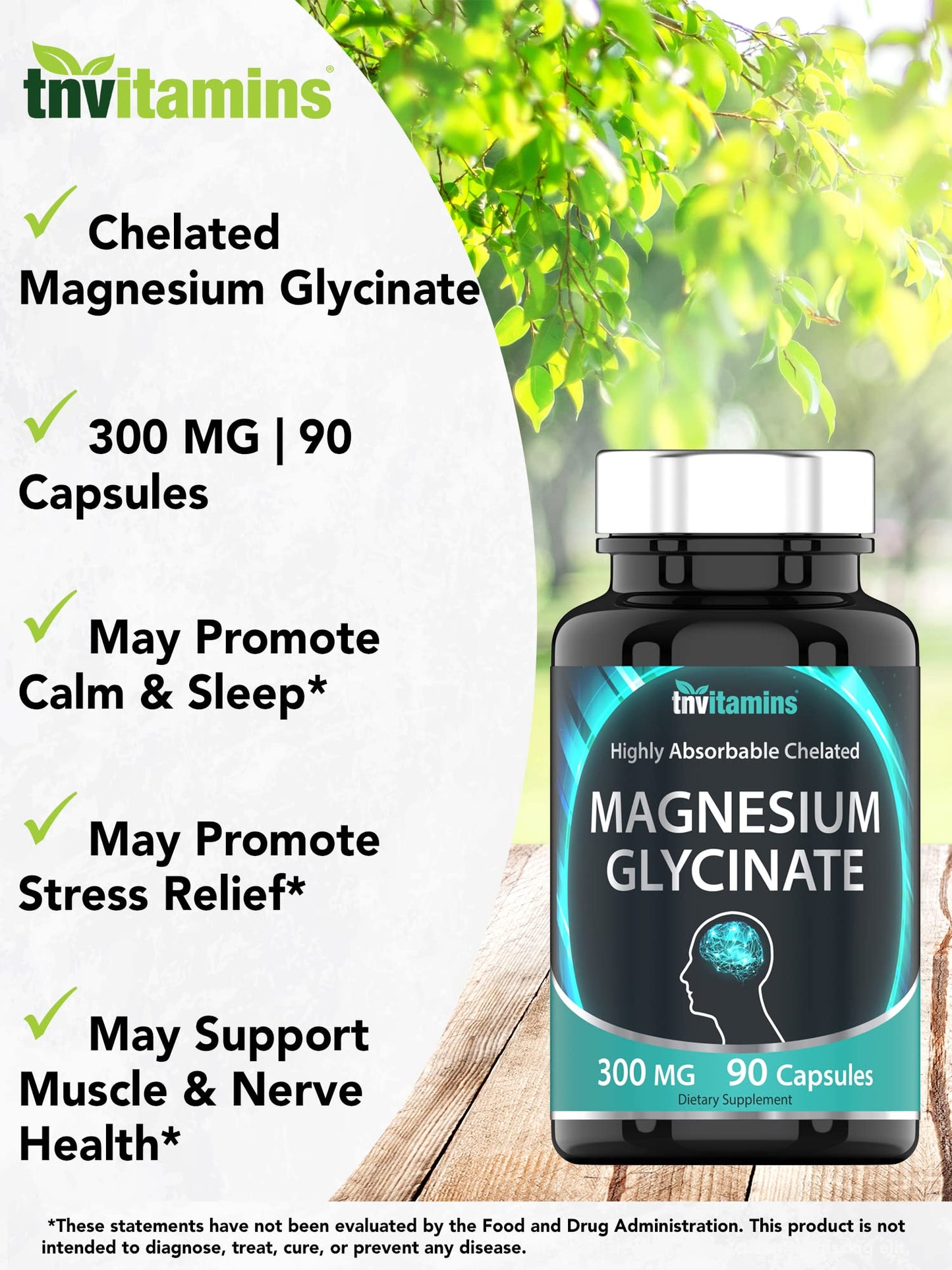 tnvitamins Magnesium Glycinate 300mg, 90 Capsules | High Absorption Chelated Magnesium for Sleep, Calm & Muscle Support