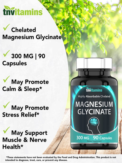 tnvitamins Magnesium Glycinate 300mg, 90 Capsules | High Absorption Chelated Magnesium for Sleep, Calm & Muscle Support