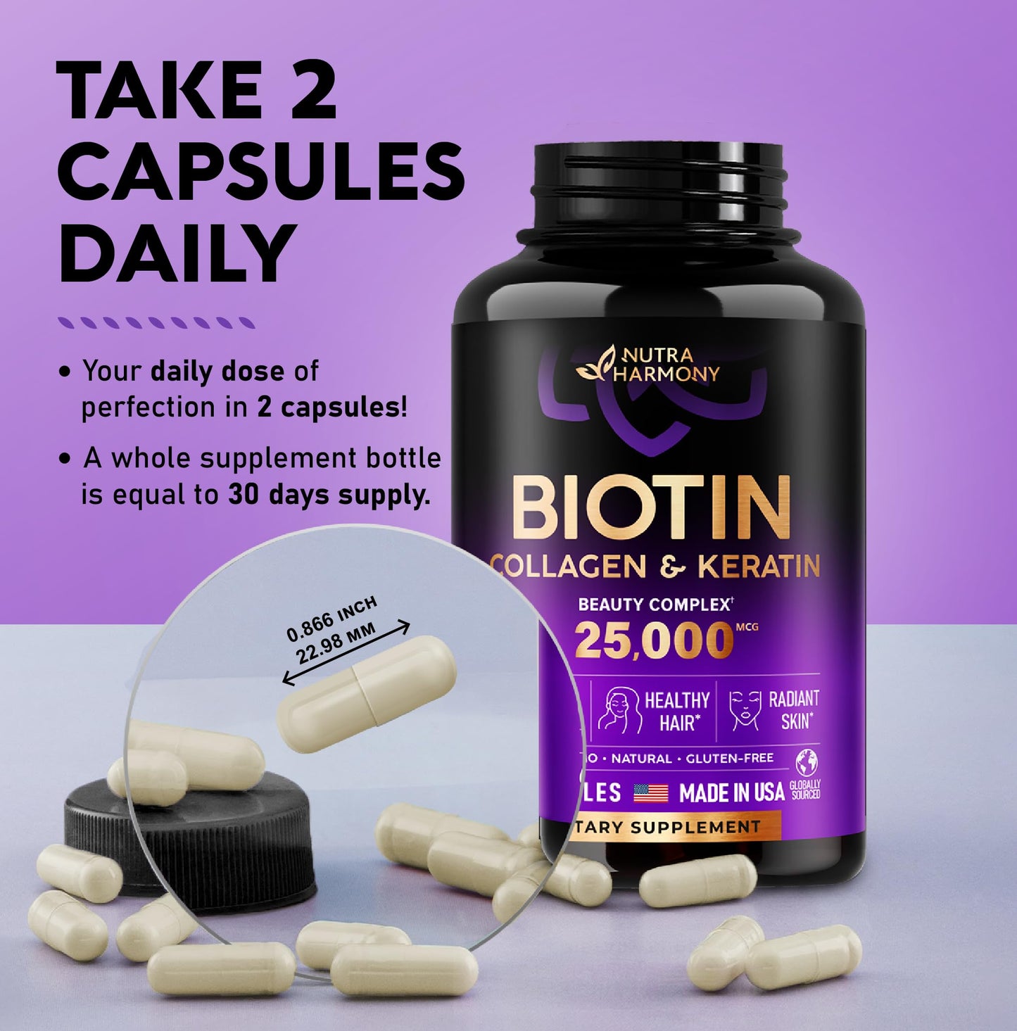 Biotin | Collagen | Keratin | Hyaluronic Acid - Hair Growth Support Pills, 25000 mcg NUTRAHARMONYBuy Supplements Australia