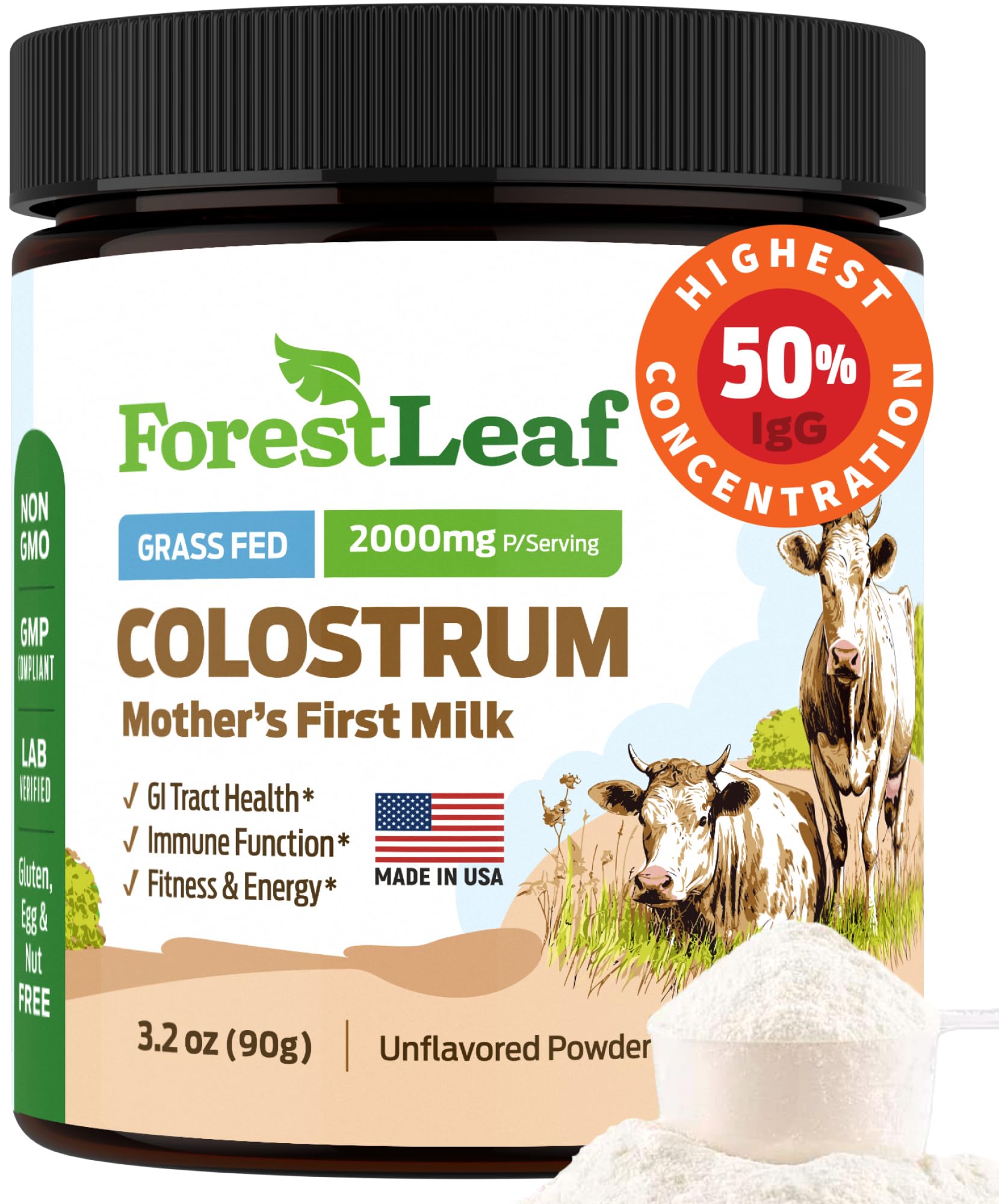 ForestLeaf Colostrum Powder 50% IgG Highest Pure Concentration, Grass Fed Colostrum Supplement for Gut Health, Immune Support and Muscle Recovery, Bovine Colostrum for Humans, Unflavored, 45 Servings ForestLeafBuy Supplements Australia