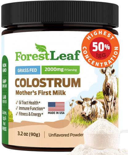 ForestLeaf Colostrum Powder 50% IgG Highest Pure Concentration, Grass Fed Colostrum Supplement for Gut Health, Immune Support and Muscle Recovery, Bovine Colostrum for Humans, Unflavored, 45 Servings ForestLeafBuy Supplements Australia