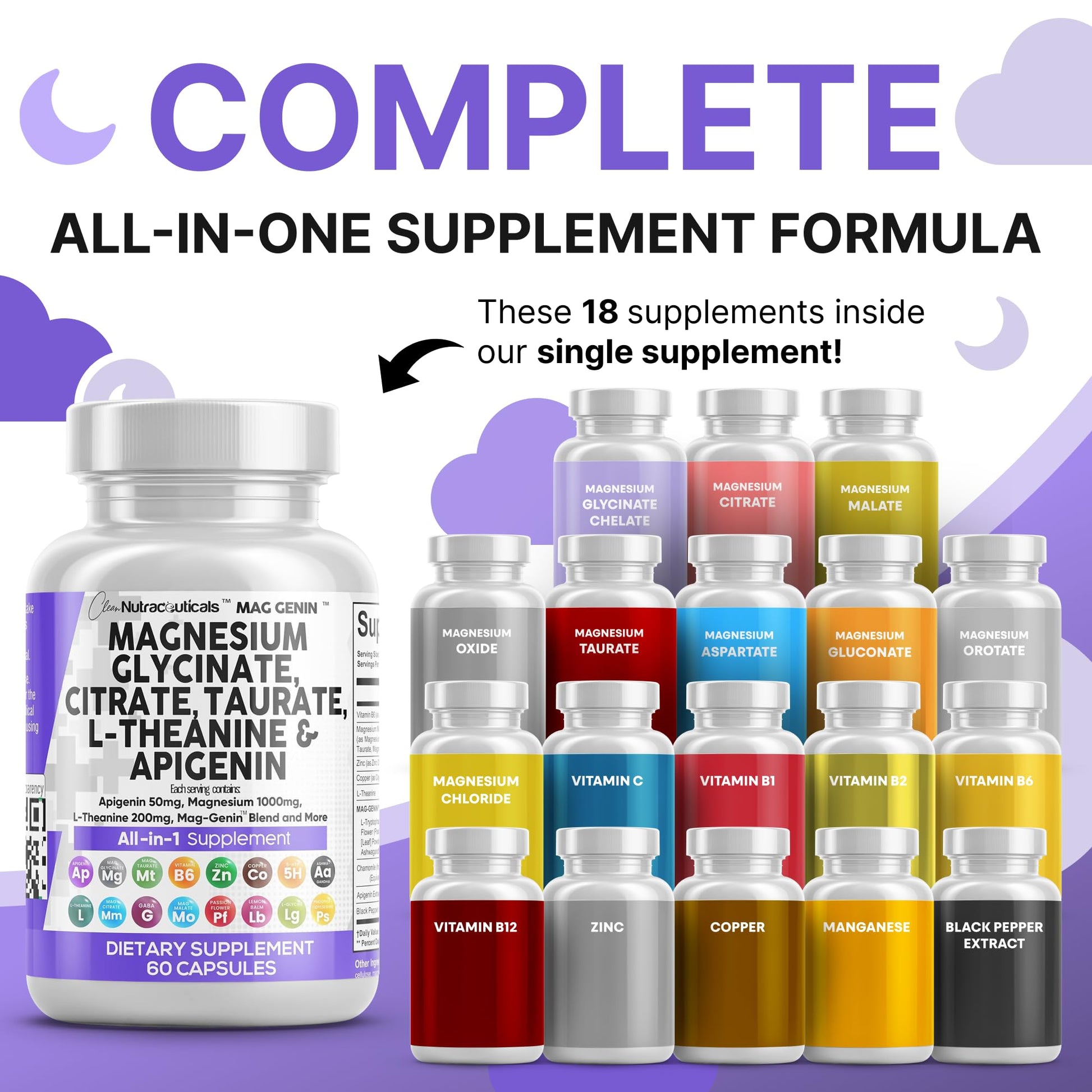 Clean Nutraceuticals Magnesium Glycinate Complex 1000mg with L-Theanine 200mg Apigenin 50mg Citrate Taurate Supplement - 5-HTP GABA Passion Flower Lemon Balm L-Glycine Phosphatidylserine - 60 Count Clean NutraceuticalsBuy Supplements Australia