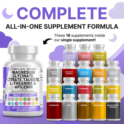 Clean Nutraceuticals Magnesium Glycinate Complex 1000mg with L-Theanine 200mg Apigenin 50mg Citrate Taurate Supplement - 5-HTP GABA Passion Flower Lemon Balm L-Glycine Phosphatidylserine - 60 Count Clean NutraceuticalsBuy Supplements Australia