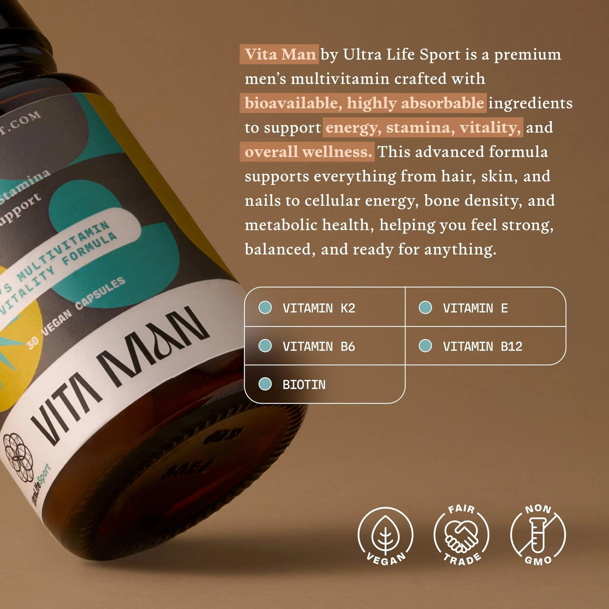 Ultra Life Sport - VITA Man Premium Men's Multivitamin - 30 Capsule Daily Vitamins for Men with Vitamin E, K2 MK-7, and B Vitamins for Maximum Absorption Ultra Life SportBuy Supplements Australia