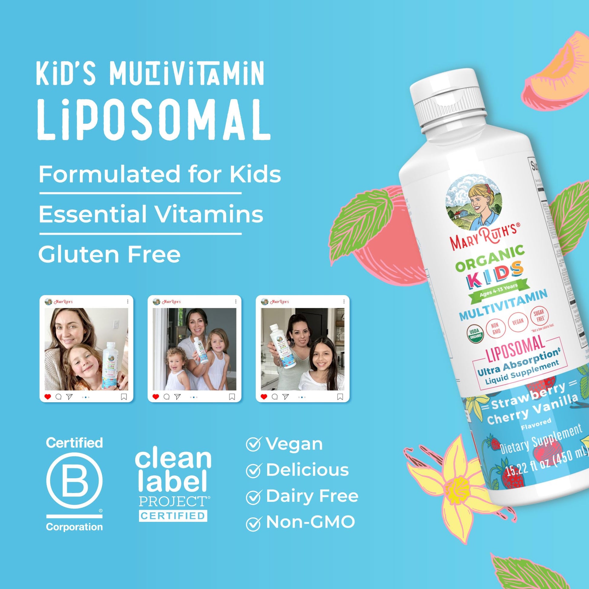 MaryRuth Organics Kids Multivitamin Liposomal | Vegan, Sugar-Free Vitamins for Kids | Ages 4+ | 2 Month Supply | 15.22 Fl Oz MaryRuth OrganicsBuy Supplements Australia