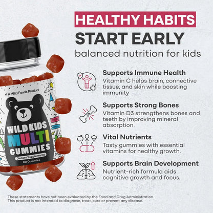 Wild Foods Kids Multivitamin Gummies – Natural Skin, Immune & Bones Support with Kids Vitamins A, C, D, E, B12, Iron & DHA Wild Foods