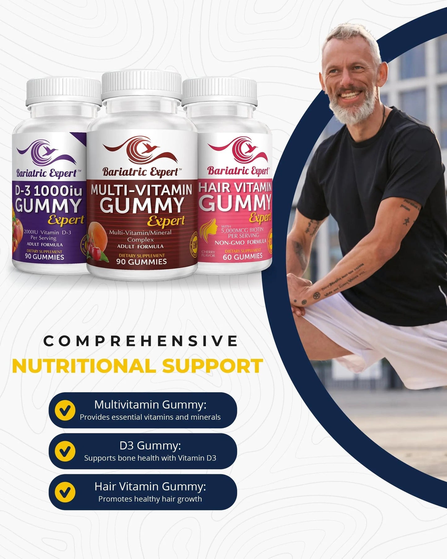 Bariatric Multivitamin 3 Pack, Multivitamin Gummy 90 Chews. - D3 Gummies 90 Chew - Hair Vitamin Gummy 60 Chews. Bariatric Food Expert