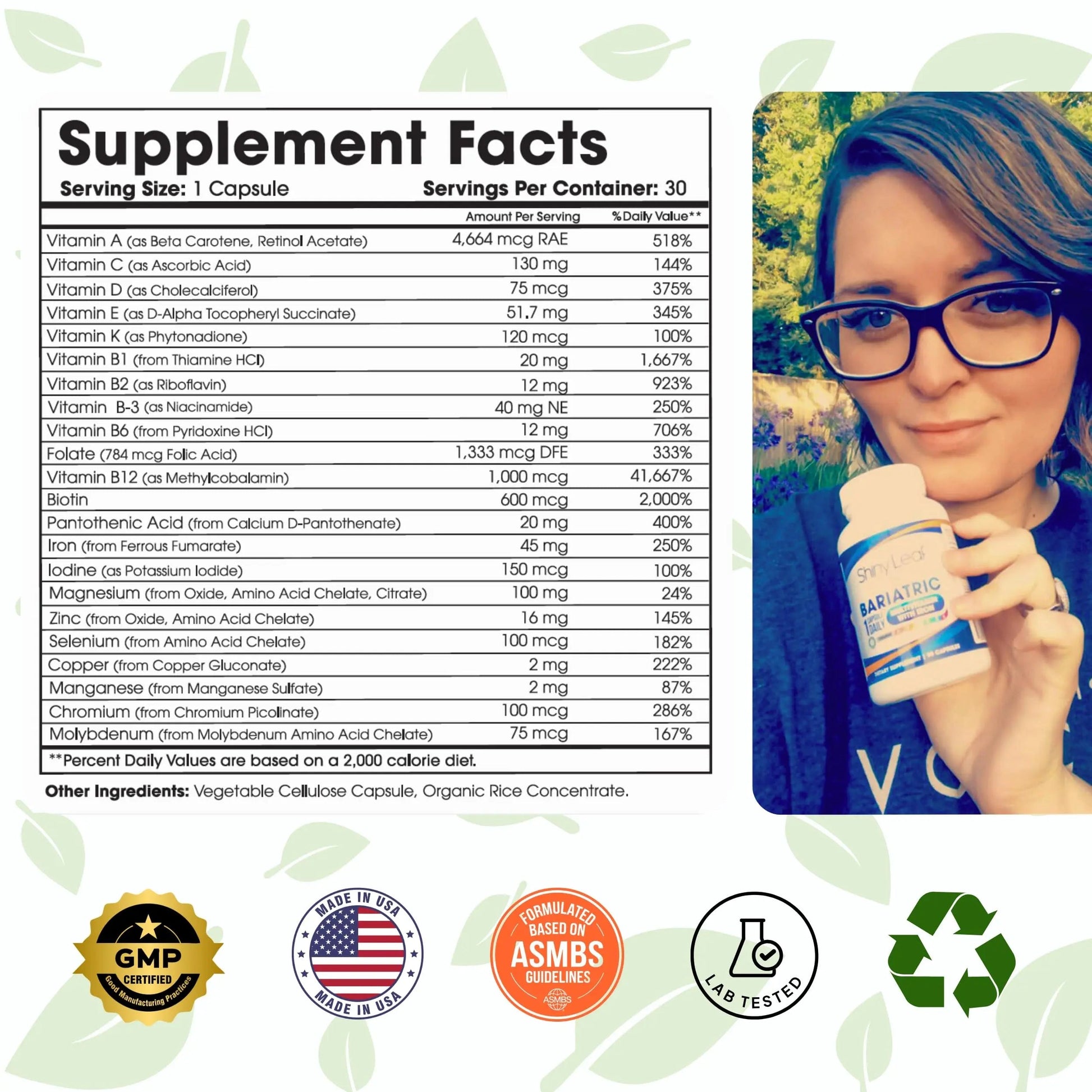 Bariatric Multivitamin with Iron One Capsule Per Day and CoQ10 100mg Supplement for Brain Health and Energy Management Shiny Leaf
