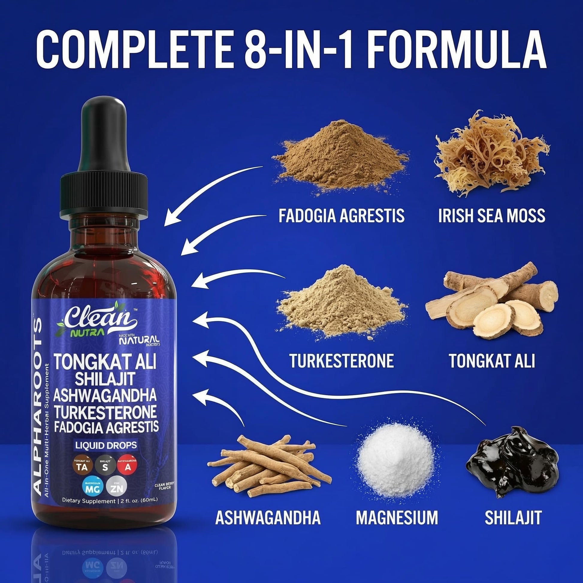 Tongkat Ali Liquid Drops Shilajit, Ashwagandha, Turkesterone, Fadogia Agrestis, Magnesium, Irish Sea Moss, and Zinc Herbal Supplement by Clean Nutra Clean NutraceuticalsBuy Supplements Australia