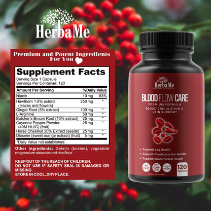 HerbaMe Blood Circulation Supplement, 120 Capsules, Supports Leg Vein, Heart, Vessels and Cardiovascular Health with Niacin, L-Arginine, Ginger, Cayenne Pepper