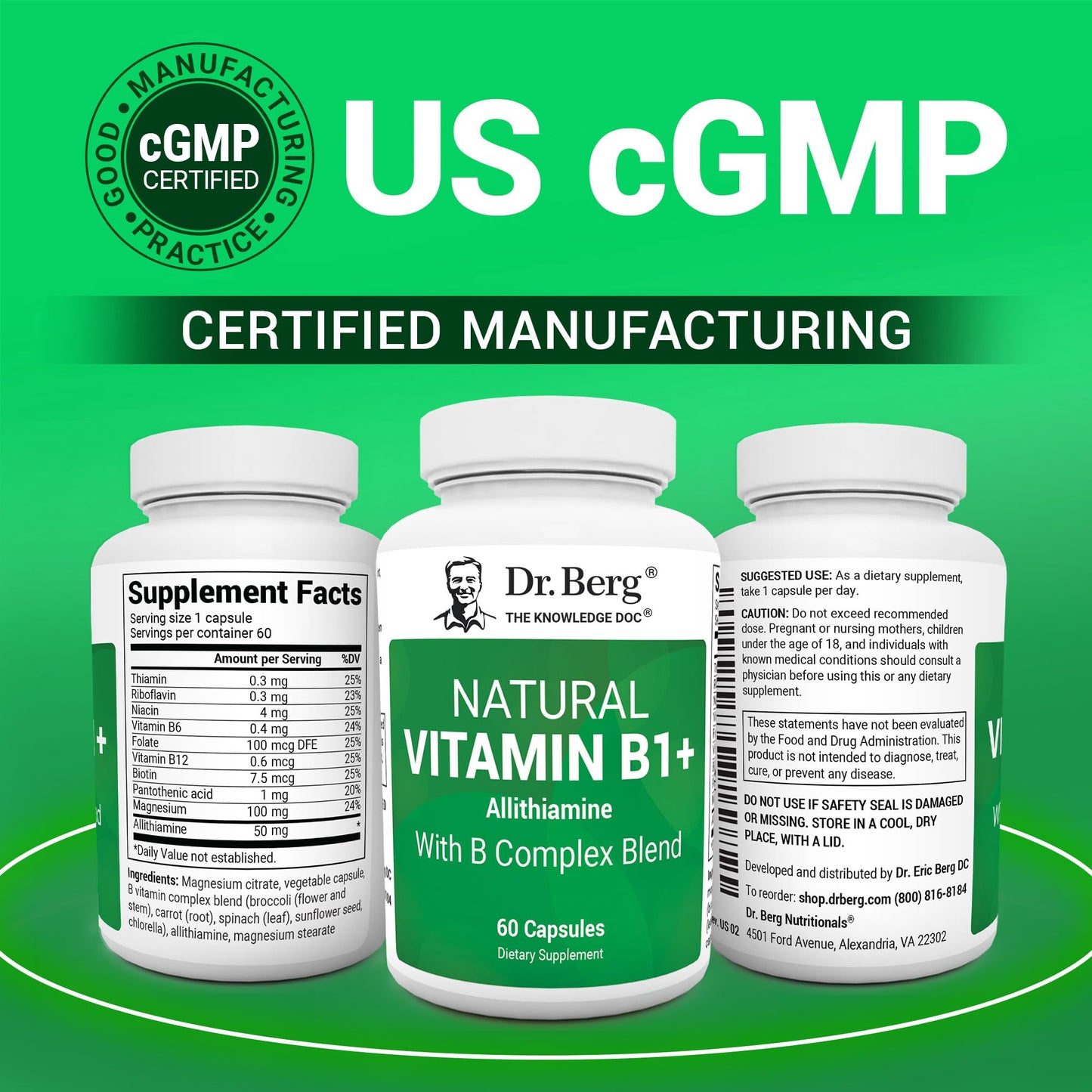Dr. Berg Natural Vitamin B1 B6 B12 Complex - Allithiamine Vitamin B1 Supplement with 8 Essential Vitamin B Complex for Men & Women Including Thiamin, Niacin, Folate, Magnesium & More - 60 Capsules Dr. Berg NutritionalsBuy Supplements Australia