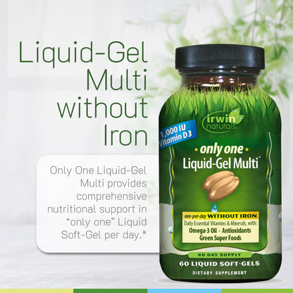 Irwin Naturals Only One Liquid-Gel Multi - 60 Liquid Softgels - No Iron Daily Essential Vitamins, Minerals, Antioxidants, Omega-3 & Green Super Foods Irwin NaturalsBuy Supplements Australia
