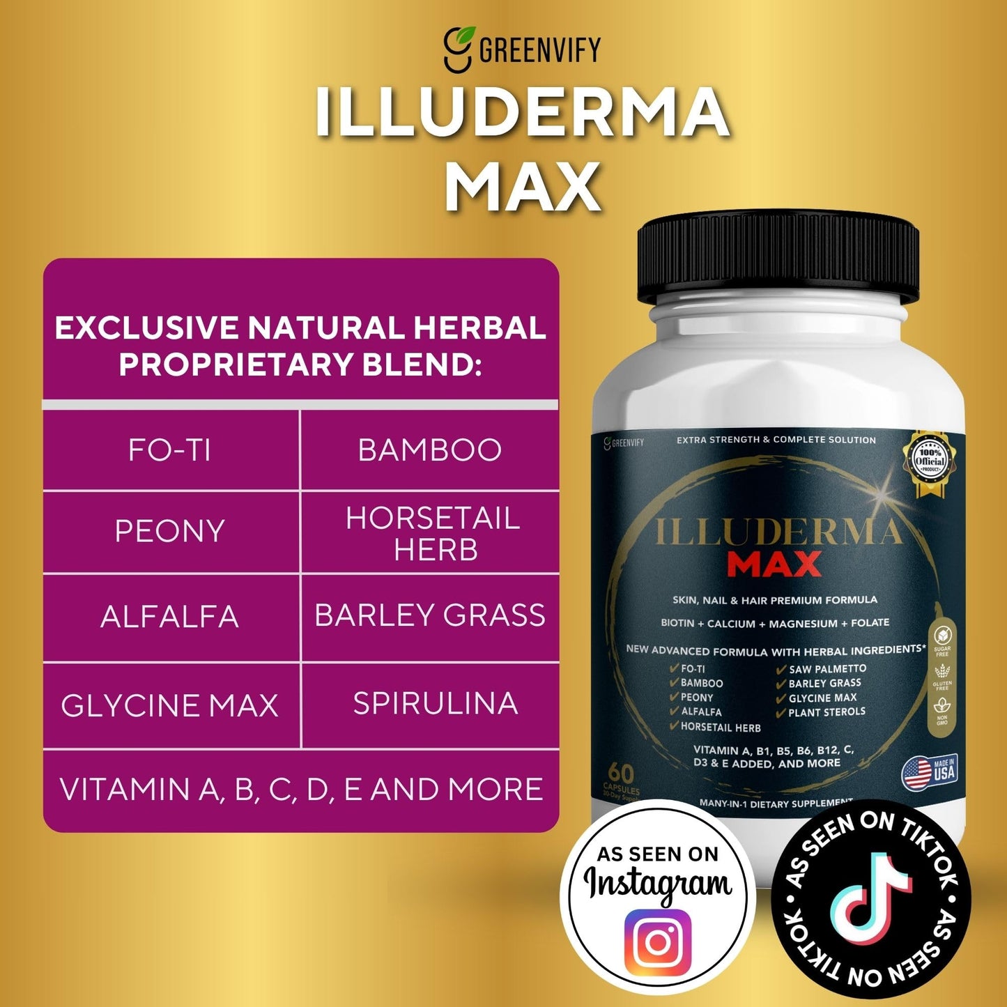 GREENVIFY Illuderma Max Hair, Skin and Nail Supplement, 60 Capsules, with Biotin 5000mcg, Vitamins and Herbal Blend (1) GREENVIFYBuy Supplements Australia