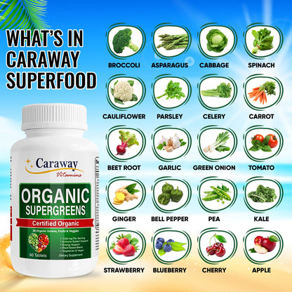Organic Superfoods Vitamins Super Greens Complex by Caraway Vitamins 1,350 mg per Serving 28 Fruits Vegetables Greens 60 Count Tablets Non-GMO Natural for Men & Women Caraway VitaminsBuy Supplements Australia