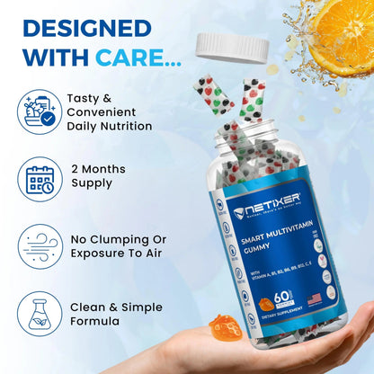 nETiXER Multivitamin Gummies – 60 Vegan Berry Gummies with Vitamins A, C, D, E, B12, Biotin, Zinc, Iodine – Gelatin-Free, Gluten-Free nETiXER