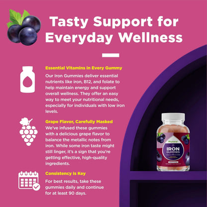 Natural Multivitamin Iron Gummies for Adults - Adult Gummy Vitamins with Iron and Energy Boost B Complex Vitamins Phytoral