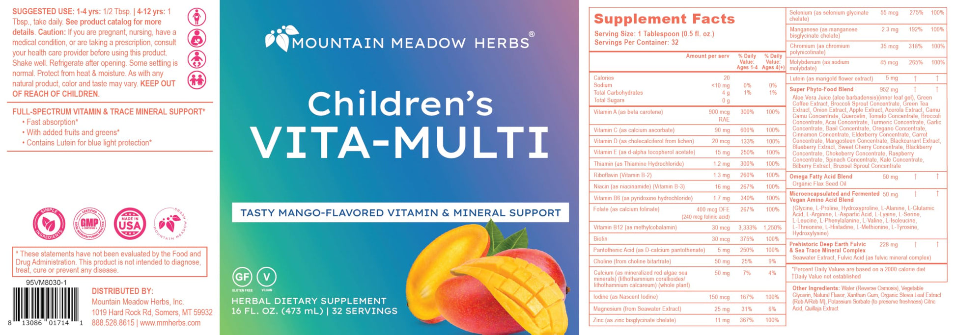 Mountain Meadow Herbs Children's Vita-Multi: Blended Vitamin & Mineral Supplement - Fast Absorbing Liquid Kids Vitamins with Fruits, Greens, and Eye-Protecting Lutein (16 oz.) Mountain Meadow HerbsBuy Supplements Australia