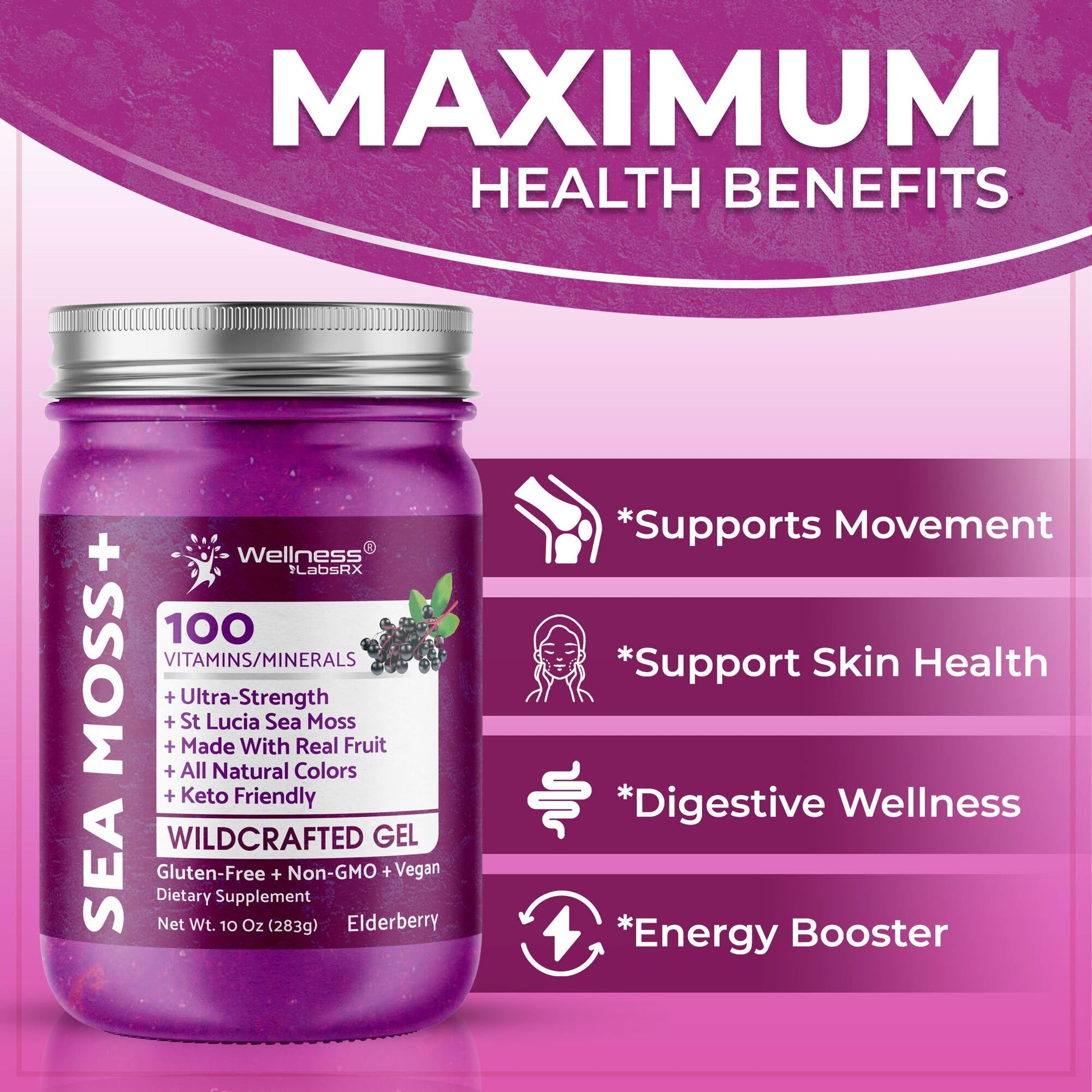 WELLNESS LABSRX Irish Sea Moss Gel Raw - Wildcrafted Superfood Seamoss Gel - Elderberry Flavor, Vitamin and Mineral-Rich from Pristine Caribbean Waters, Immune and Digestive Health Support - 10 oz. WELLNESS LABSRXBuy Supplements Australia