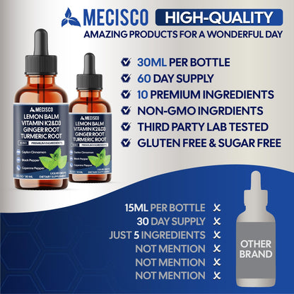 10in1 Lemon Balm Liquid Drops Blend Includes Vitamin D3, Vitamin K2, Lemon Balm, Ginger, Turmeric, Ceylon Cinnamon, Black Pepper, Cayenne Pepper, Berberine, Valerian Root - 1 FL Oz - 2 Month Supply MeciscoBuy Supplements Australia