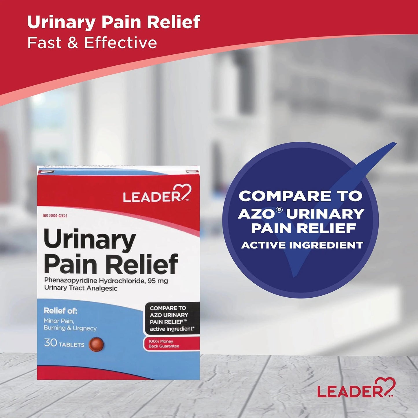 Leader Urinary Pain Relief Maximum Strength, Urinary Tract Analgesic, Relieves Burning and Urgency, Phenazopyridine Hydrochloride 95 mg, for Adults, Both Men & Women, 30 Tablets LeaderBuy Supplements Australia