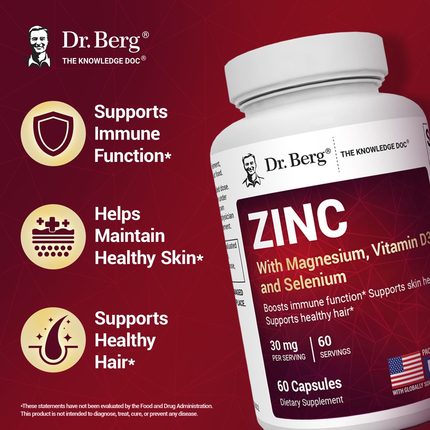 Dr. Berg Zinc 30mg Enhanced with Magnesium, Vitamin D3, Selenium, & Copper - Zinc Supplements for Men & Women - Chelated Zinc for Immune, Skin