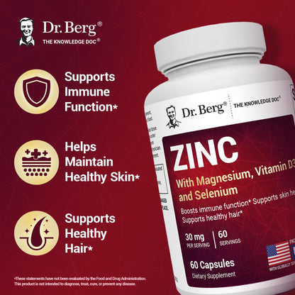 Dr. Berg Zinc 30mg Enhanced with Magnesium, Vitamin D3, Selenium, & Copper - Zinc Supplements for Men & Women - Chelated Zinc for Immune, Skin