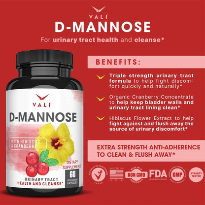 VALI D-Mannose 1000mg Urinary Tract Health Formula. Organic Cranberry Fruit Powder & Hibiscus. Healthy Bladder, Natural Cleanse, Fast Detox Flush, Herbal UT Function Support Pills. 60 Veggie Capsules VALIBuy Supplements Australia