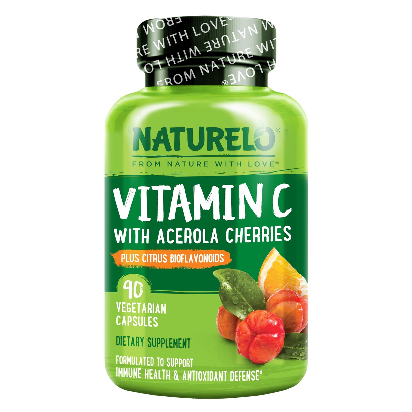 NATURELO Vitamin C with Organic Acerola Cherry Extract and Citrus Bioflavonoids - Vegan Supplement - Immune Support - 500 mg VIT C per Cap